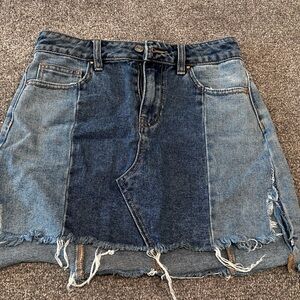 Two-Tone Denim Skirt with Frayed Hem